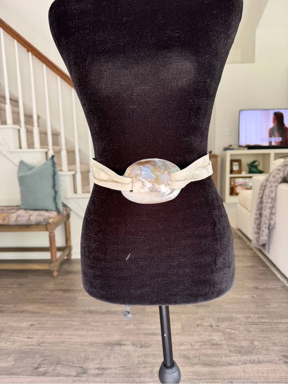 Vintage Unique Handmade Shell Accent Belt with Iridescent Buckle